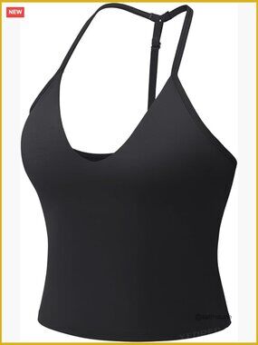 Strappy Padded Halter Open Back Deep V Neck Built-in Bra Workout Crop Top Tank